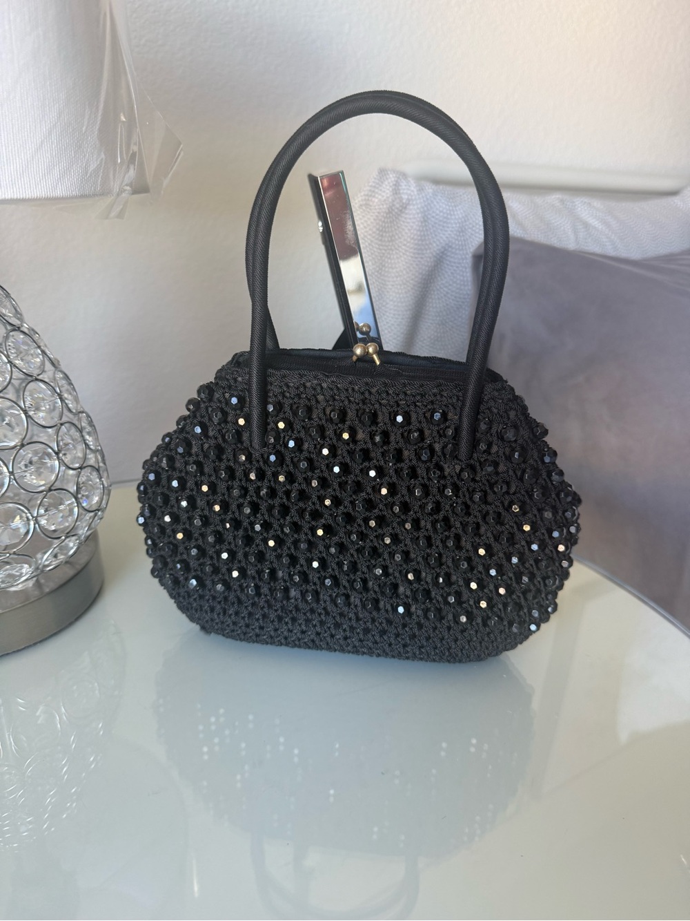 Black vintage Italian Beaded Crochet Evening Handbag